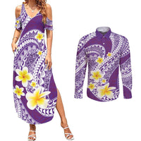 Plumeria Polynesian Purple Glitter Pattern Couples Matching Summer Maxi Dress and Long Sleeve Button Shirt