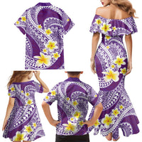 Plumeria Polynesian Purple Glitter Pattern Family Matching Mermaid Dress and Hawaiian Shirt