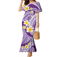 Plumeria Polynesian Purple Glitter Pattern Family Matching Mermaid Dress and Hawaiian Shirt