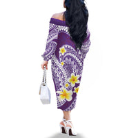 Plumeria Polynesian Purple Glitter Pattern Family Matching Off The Shoulder Long Sleeve Dress and Hawaiian Shirt