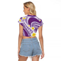 Plumeria Polynesian Purple Glitter Pattern Raglan Cropped T Shirt