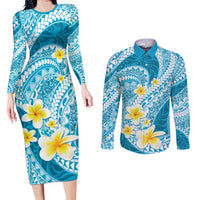 Plumeria Polynesian Sky Blue Glitter Pattern Couples Matching Long Sleeve Bodycon Dress and Long Sleeve Button Shirt