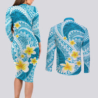 Plumeria Polynesian Sky Blue Glitter Pattern Couples Matching Long Sleeve Bodycon Dress and Long Sleeve Button Shirt