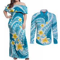 Plumeria Polynesian Sky Blue Glitter Pattern Couples Matching Off Shoulder Maxi Dress and Long Sleeve Button Shirt LT01 Sky Blue - Polynesian Pride