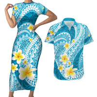 Plumeria Polynesian Sky Blue Glitter Pattern Couples Matching Short Sleeve Bodycon Dress and Hawaiian Shirt