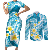 Plumeria Polynesian Sky Blue Glitter Pattern Couples Matching Short Sleeve Bodycon Dress and Long Sleeve Button Shirt