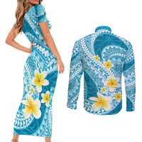 Plumeria Polynesian Sky Blue Glitter Pattern Couples Matching Short Sleeve Bodycon Dress and Long Sleeve Button Shirt