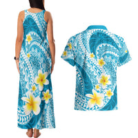 Plumeria Polynesian Sky Blue Glitter Pattern Couples Matching Tank Maxi Dress and Hawaiian Shirt