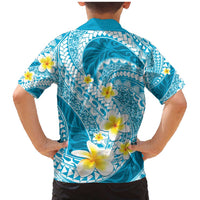 Plumeria Polynesian Sky Blue Glitter Pattern Family Matching Mermaid Dress and Hawaiian Shirt