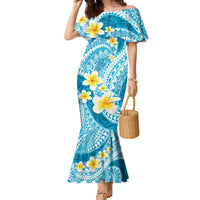 Plumeria Polynesian Sky Blue Glitter Pattern Family Matching Mermaid Dress and Hawaiian Shirt