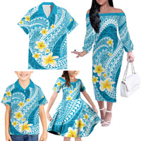 Plumeria Polynesian Sky Blue Glitter Pattern Family Matching Off The Shoulder Long Sleeve Dress and Hawaiian Shirt