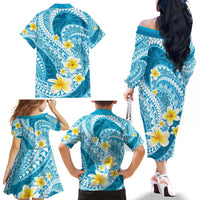 Plumeria Polynesian Sky Blue Glitter Pattern Family Matching Off The Shoulder Long Sleeve Dress and Hawaiian Shirt