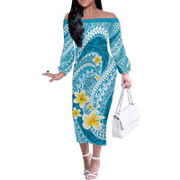 Plumeria Polynesian Sky Blue Glitter Pattern Family Matching Off The Shoulder Long Sleeve Dress and Hawaiian Shirt
