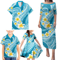 Plumeria Polynesian Sky Blue Glitter Pattern Family Matching Puletasi and Hawaiian Shirt
