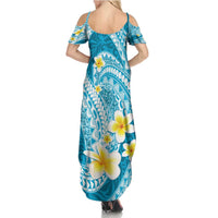 Plumeria Polynesian Sky Blue Glitter Pattern Family Matching Summer Maxi Dress and Hawaiian Shirt