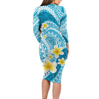 Plumeria Polynesian Sky Blue Glitter Pattern Long Sleeve Bodycon Dress