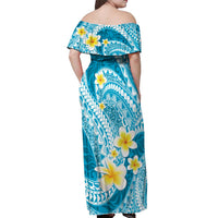 Plumeria Polynesian Sky Blue Glitter Pattern Off Shoulder Maxi Dress