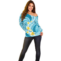 Plumeria Polynesian Sky Blue Glitter Pattern Off Shoulder Sweater