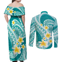 Plumeria Polynesian Teal Glitter Pattern Couples Matching Off Shoulder Maxi Dress and Long Sleeve Button Shirt LT01 - Polynesian Pride