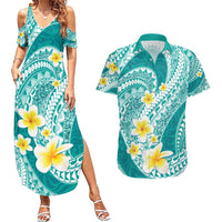 Plumeria Polynesian Teal Glitter Pattern Couples Matching Summer Maxi Dress and Hawaiian Shirt