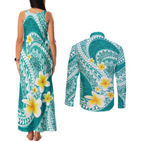 Plumeria Polynesian Teal Glitter Pattern Couples Matching Tank Maxi Dress and Long Sleeve Button Shirt