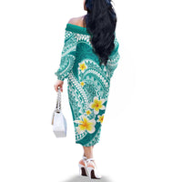 Plumeria Polynesian Teal Glitter Pattern Family Matching Off The Shoulder Long Sleeve Dress and Hawaiian Shirt