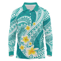 Plumeria Polynesian Teal Glitter Pattern Long Sleeve Polo Shirt