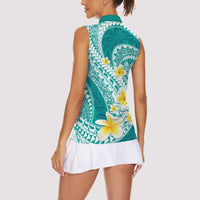 Plumeria Polynesian Teal Glitter Pattern Women Sleeveless Polo Shirt
