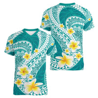 Plumeria Polynesian Teal Glitter Pattern Women V-Neck T-Shirt