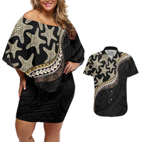 Beige Polynesian Starfish Unique Pattern Couples Matching Off Shoulder Short Dress and Hawaiian Shirt