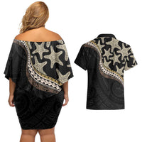 Beige Polynesian Starfish Unique Pattern Couples Matching Off Shoulder Short Dress and Hawaiian Shirt