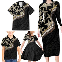 Beige Polynesian Starfish Unique Pattern Family Matching Long Sleeve Bodycon Dress and Hawaiian Shirt