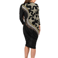 Beige Polynesian Starfish Unique Pattern Family Matching Long Sleeve Bodycon Dress and Hawaiian Shirt