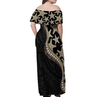 Beige Polynesian Starfish Unique Pattern Off Shoulder Maxi Dress