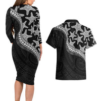 Monotone Polynesian Starfish Unique Pattern Couples Matching Long Sleeve Bodycon Dress and Hawaiian Shirt