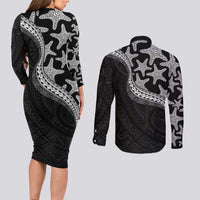 Monotone Polynesian Starfish Unique Pattern Couples Matching Long Sleeve Bodycon Dress and Long Sleeve Button Shirt