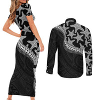 Monotone Polynesian Starfish Unique Pattern Couples Matching Short Sleeve Bodycon Dress and Long Sleeve Button Shirt