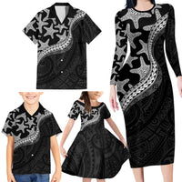 Monotone Polynesian Starfish Unique Pattern Family Matching Long Sleeve Bodycon Dress and Hawaiian Shirt