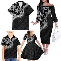 Monotone Polynesian Starfish Unique Pattern Family Matching Off The Shoulder Long Sleeve Dress and Hawaiian Shirt