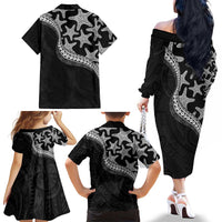 Monotone Polynesian Starfish Unique Pattern Family Matching Off The Shoulder Long Sleeve Dress and Hawaiian Shirt