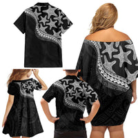 Monotone Polynesian Starfish Unique Pattern Family Matching Off Shoulder Short Dress and Hawaiian Shirt