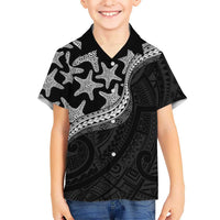 Monotone Polynesian Starfish Unique Pattern Family Matching Off Shoulder Short Dress and Hawaiian Shirt