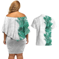 Hawaii Tropical Leaves Couples Matching Off Shoulder Short Dress and Hawaiian Shirt Polynesian Pattern