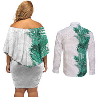 Hawaii Tropical Leaves Couples Matching Off Shoulder Short Dress and Long Sleeve Button Shirt Polynesian Pattern