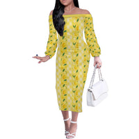 Hawaii Lemon Palaka Family Matching Off The Shoulder Long Sleeve Dress and Hawaiian Shirt Striped Stylized