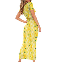 Hawaii Lemon Palaka Family Matching Short Sleeve Bodycon Dress and Hawaiian Shirt Striped Stylized