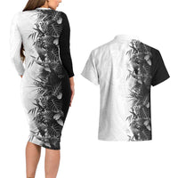 Hawaii Tropical Plant Monochrome Couples Matching Long Sleeve Bodycon Dress and Hawaiian Shirt Vibrant Polynesian Pattern