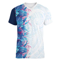 Hawaii Tropical Plant UliUli Women V-Neck T-Shirt Vibrant Polynesian Pattern LT01 Female Blue - Polynesian Pride