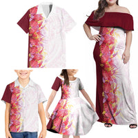 Hawaii Tropical Plant Akala Family Matching Off Shoulder Maxi Dress and Hawaiian Shirt Vibrant Polynesian Pattern