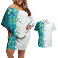 Hawaii Tropical Plant Teal Couples Matching Off Shoulder Short Dress and Hawaiian Shirt Vibrant Polynesian Pattern